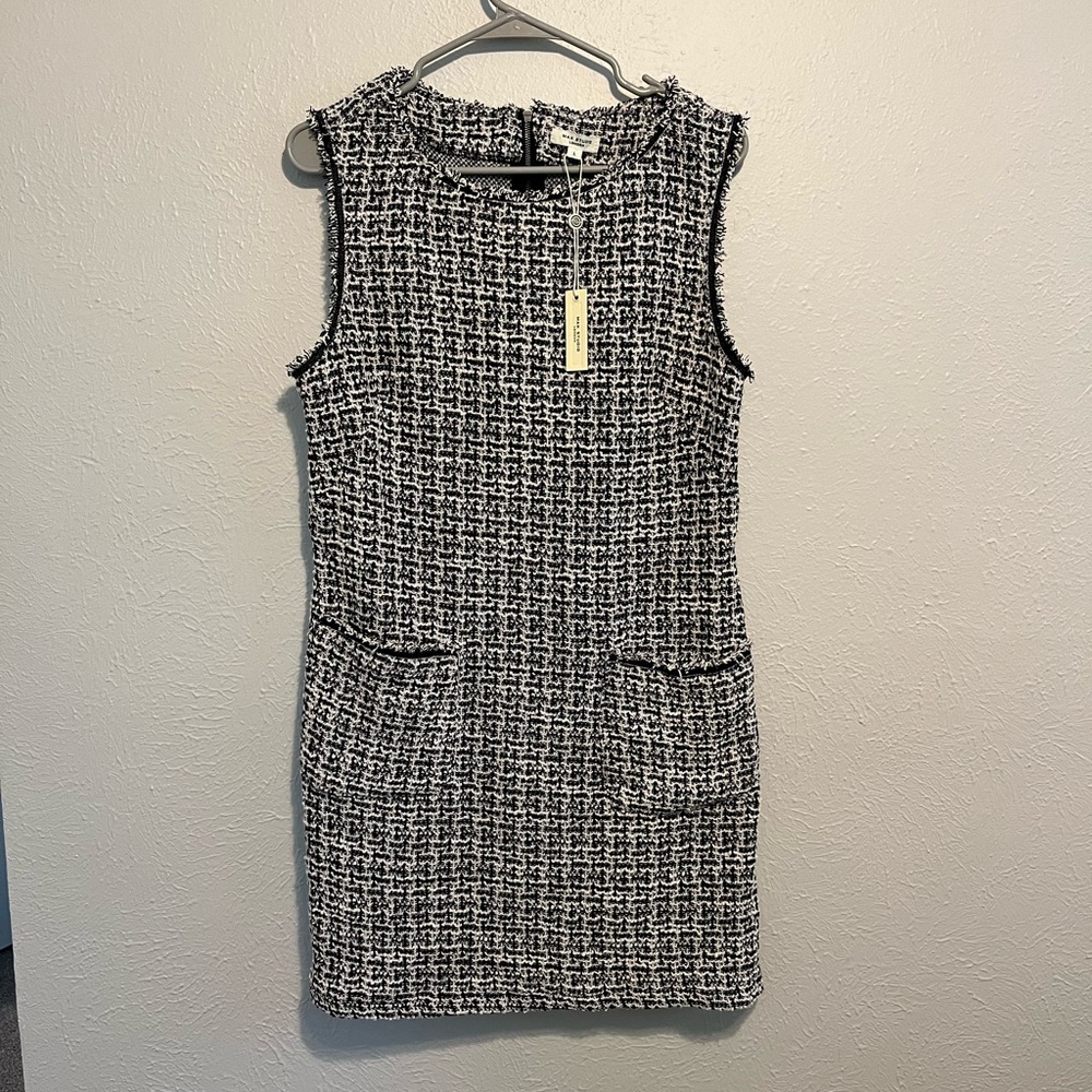 NWT Max Studio London Womens Shift Dress Tweed Texture Sleeveless Black White  L